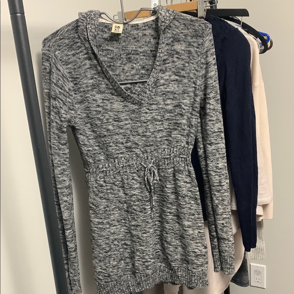 ROXY Black & White Knit Sweater with Drawstring & Hood - Size Medium